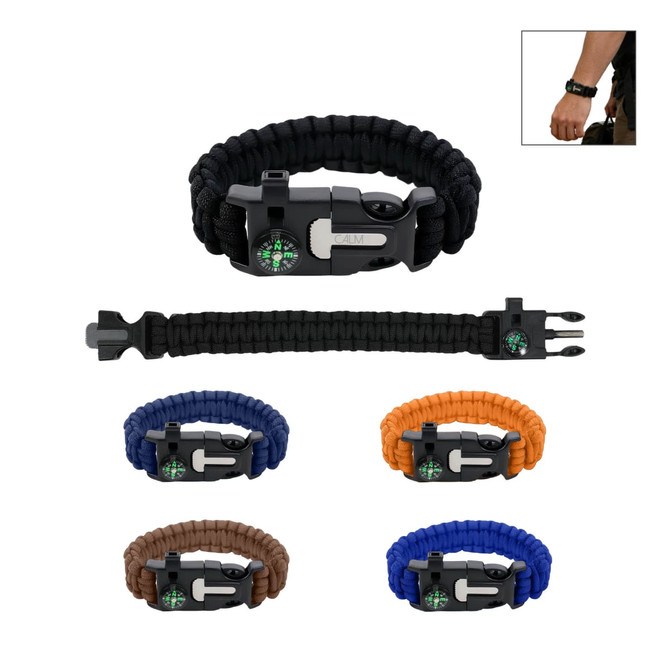 A black survival bracelet featuring a compass and a multi-tool, available in multiple colours including orange, brown, and blue.