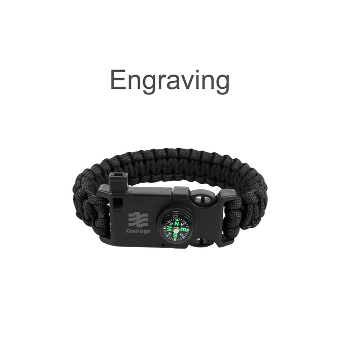 A black paracord survival bracelet featuring a compass and a buckle with an engraving option.