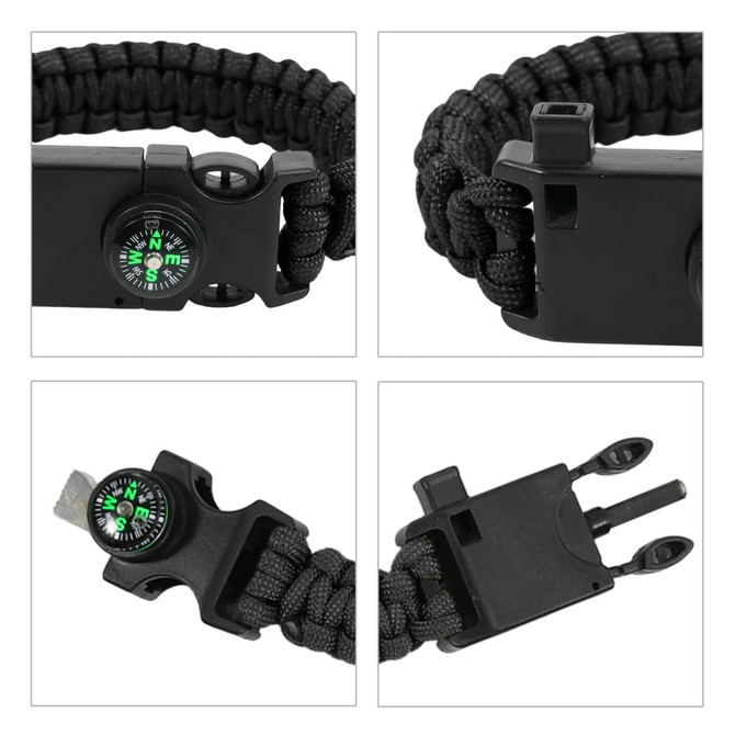 A black paracord survival bracelet featuring a compass and multiple attachment points for versatility.