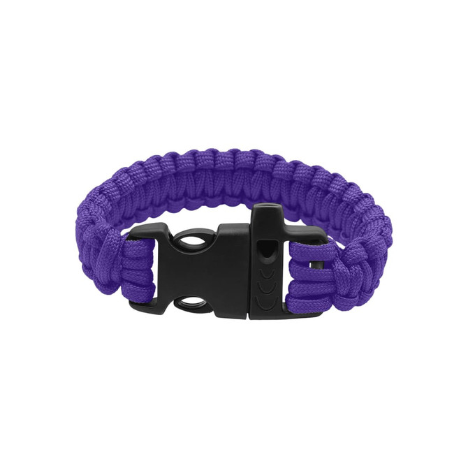 A purple paracord bracelet featuring a black buckle and whistle. It displays a woven design and sturdy construction.
