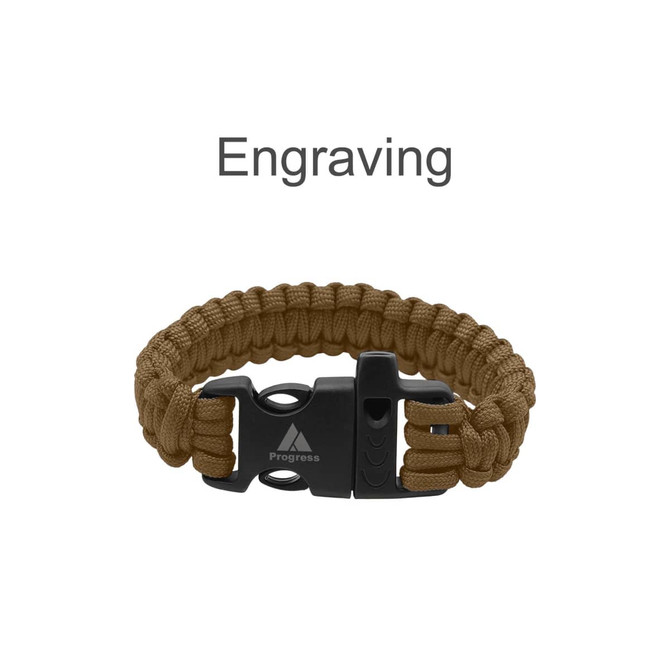 A paracord bracelet in tan with a black buckle and a logo, featuring a whistle attachment.