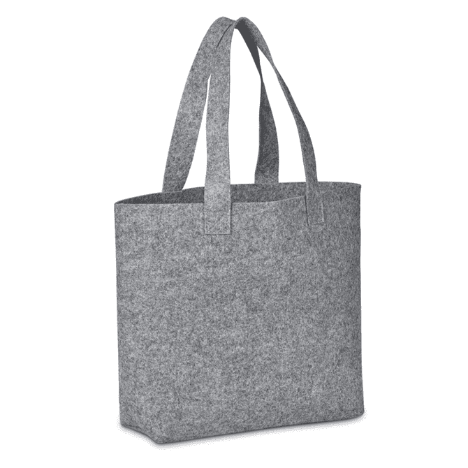 A grey felt shopper bag with two handles and a logo. The bag has a simple, structured design.