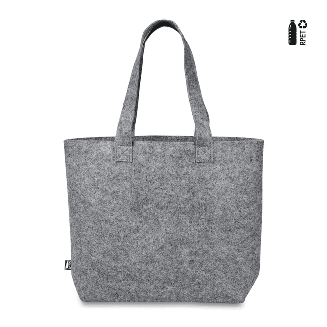 A grey felt shopper bag with two handles, featuring a logo, made from recycled PET materials.
