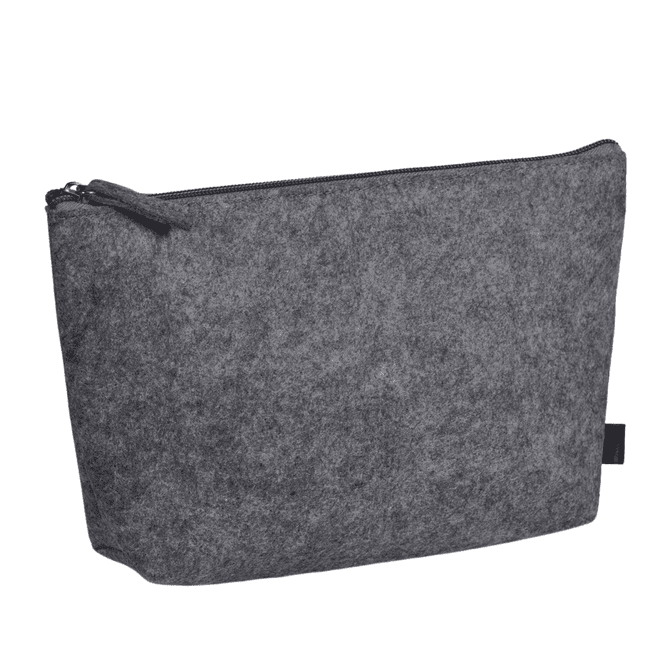 A grey RPET felt mini cosmetic bag with a zip closure and a small logo on the side.