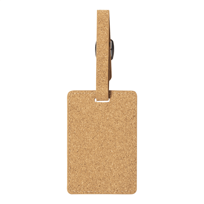 A cork luggage tag with a rectangular shape and a simple loop attachment, featuring a natural cork finish.