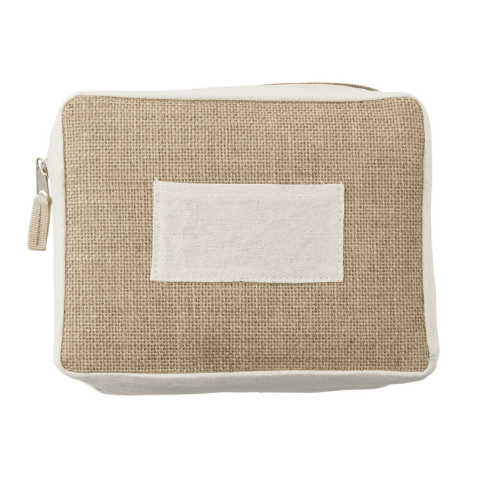 A jute cosmetic bag with a natural brown and cream design, featuring a simple logo on the front.
