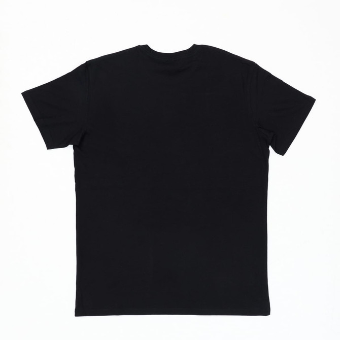 A black t-shirt featuring a plain back design. The fabric appears soft and suitable for casual wear. It includes a logo.