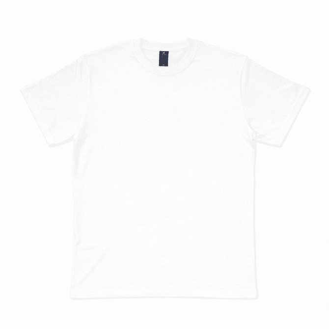 A plain white t-shirt with a crew neck and short sleeves, featuring a logo on the label.