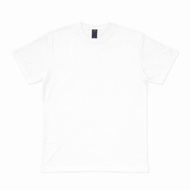 A plain white t-shirt with a crew neck and short sleeves, featuring a logo on the label.