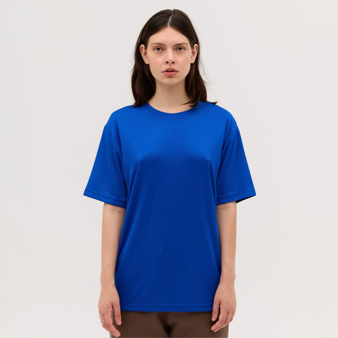 A blue t-shirt featuring short sleeves and a relaxed fit, with a logo on the front.