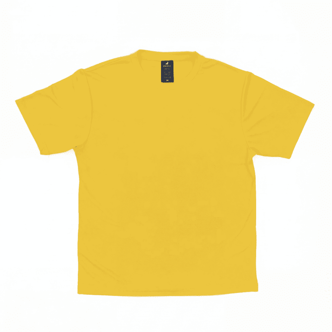 A yellow t-shirt with a round neckline and short sleeves, featuring a logo on the back near the neck.