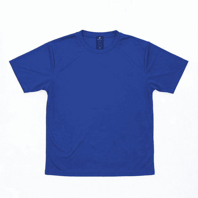 A blue t-shirt with short sleeves, featuring a logo on the inside label.
