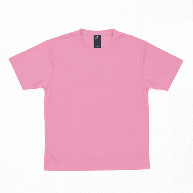 A pink t-shirt with short sleeves and a label on the inside neckline. It features a branding logo.