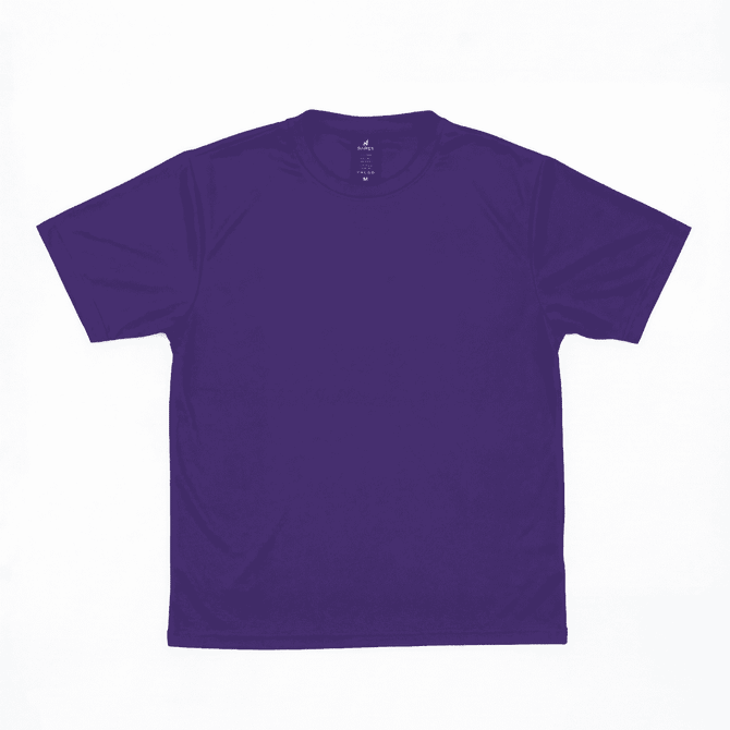 A purple short-sleeved tee with a simple design and a brand logo on the label.