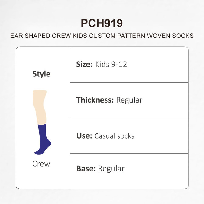 A pair of ear-shaped crew socks for kids, featuring a custom pattern in purple, labelled with style and size information.