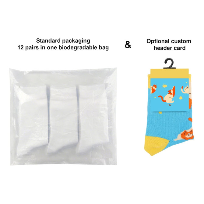 A biodegradable bag containing 12 pairs of ear-shaped crew kids socks, featuring a blue and yellow custom pattern.