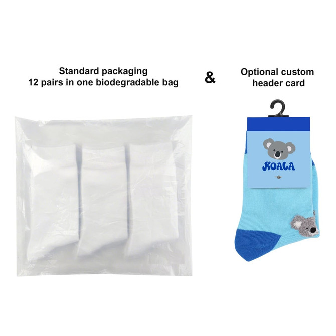 A biodegradable bag containing 12 pairs of woven socks, featuring a blue colour scheme and a koala design on one pair.