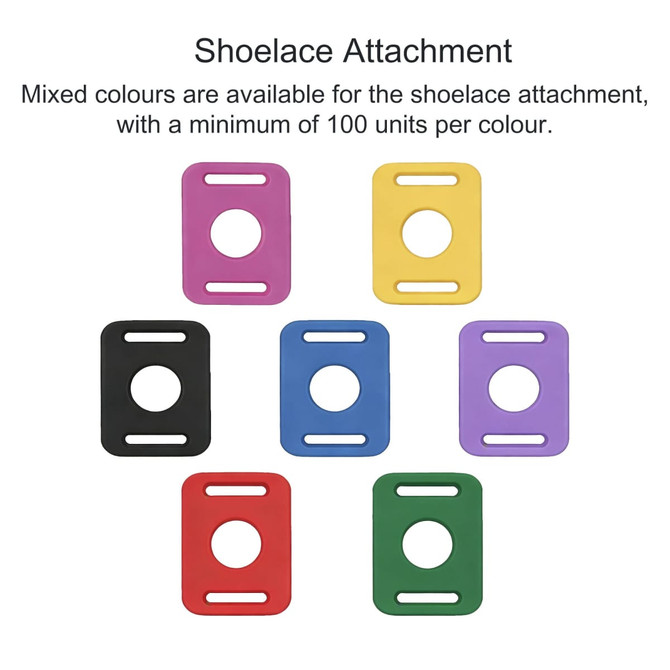 A collection of seven shoelace attachments in purple, yellow, green, blue, black, and red. Each has a circular cutout.