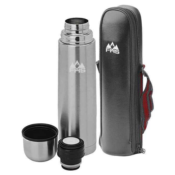 A drink bottle in silver with a stainless steel design, featuring a carrying case and two removable lids.