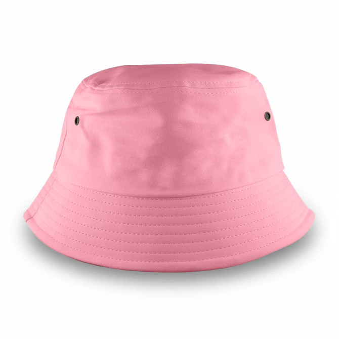 A pink bucket hat with a wide brim and ventilation holes. Features a branding logo on the exterior.