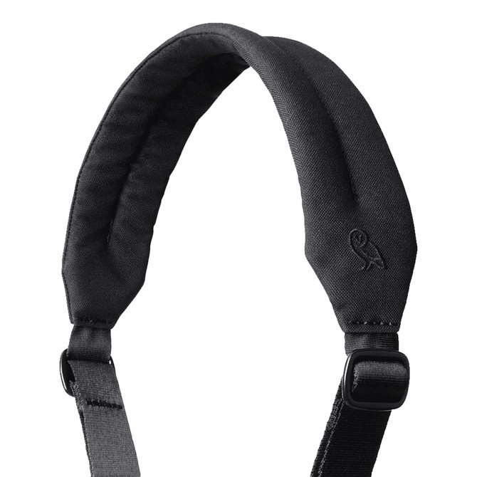 A padded black shoulder strap with an adjustable buckle and a logo at the top.