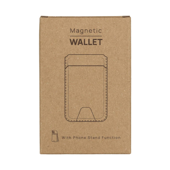 A brown cardboard box featuring a magnetic wallet design with a phone stand function. The box includes a logo.