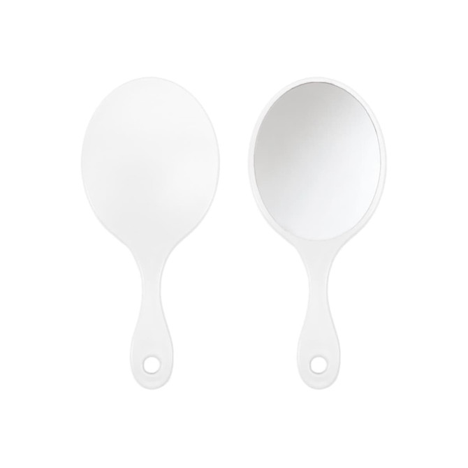 A handheld makeup mirror with a sleek white design, featuring a smooth, oval shape and a comfortable handle.