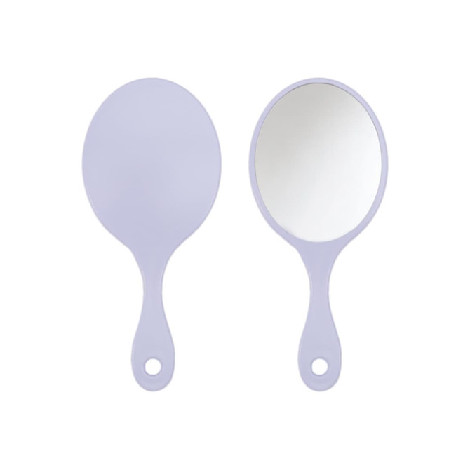 A chic handheld makeup mirror in a soft purple colour, featuring a simple oval design with a handle.