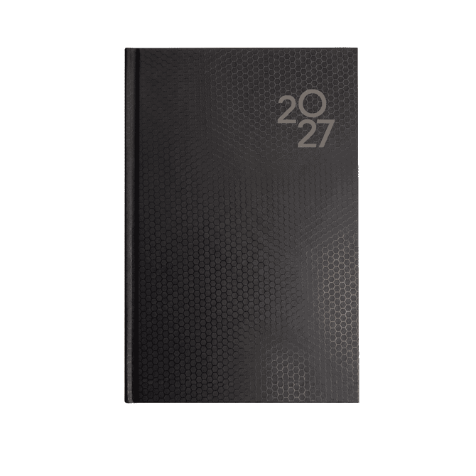 A black A5 diary featuring a textured design and the year "2027" prominently displayed. It includes a logo.
