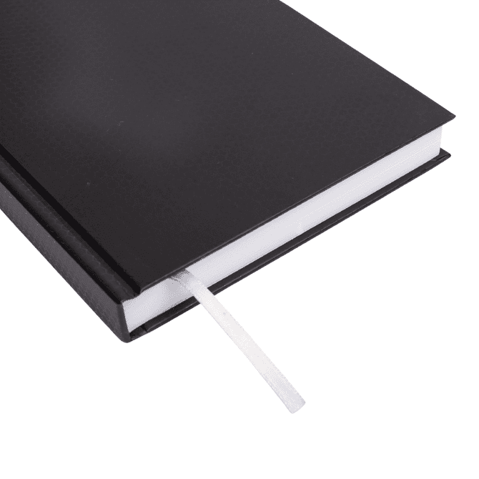 A black A5 diary features a smooth cover and a white ribbon bookmark. It has a sleek, modern design.