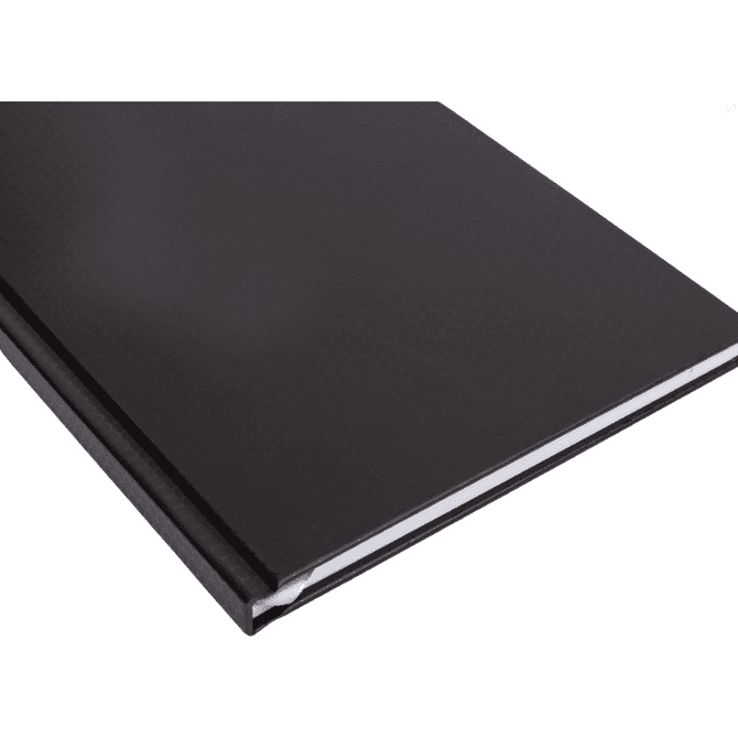 A black A5 weekly diary with a smooth cover and a silver edge, featuring a simple design.