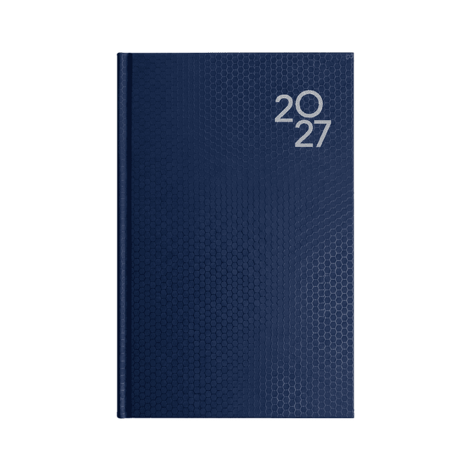 A navy blue A5 day-to-day diary featuring a textured pattern and a year indicator on the cover, along with a logo.