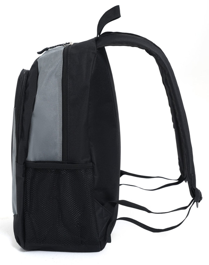 A black and grey backpack featuring a zip closure, adjustable straps, and a mesh side pocket.