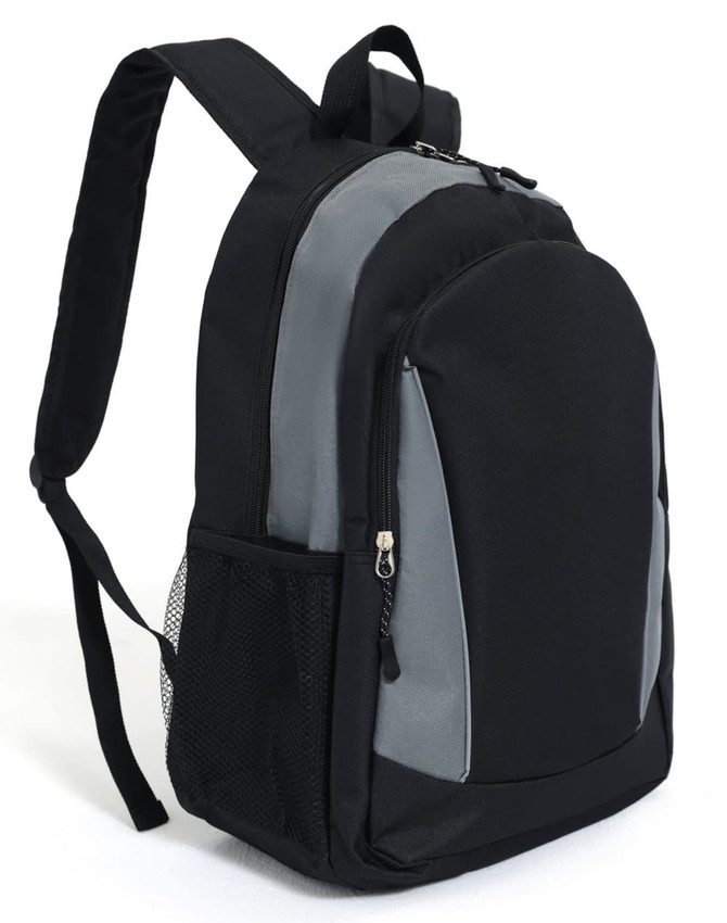 A black and grey backpack featuring zip compartments and a mesh side pocket, with adjustable straps.