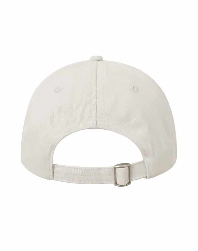 A cotton twill unstructured cap in cream, featuring a rear adjustable strap and a logo on the back.