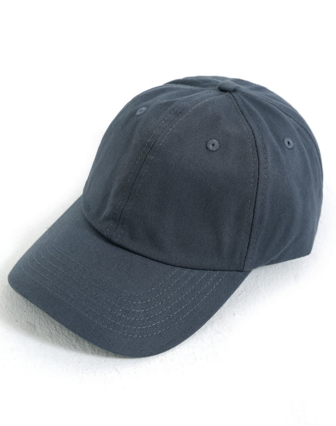 A grey cotton twill unstructured cap with a curved brim and six-panel design, featuring a logo.
