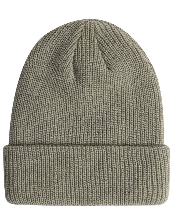 A roll-up cable knit snug beanie in a muted green colour, featuring a logo on the side.