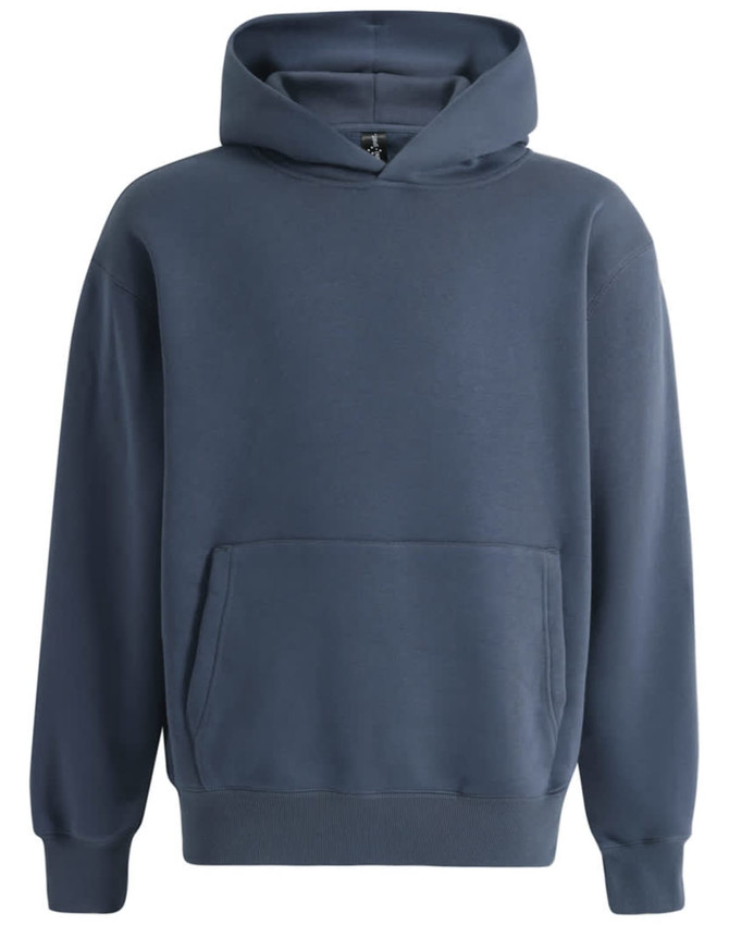 A unisex oversized hoodie in navy blue with a front pocket and a hood. It features a logo on the inside label.
