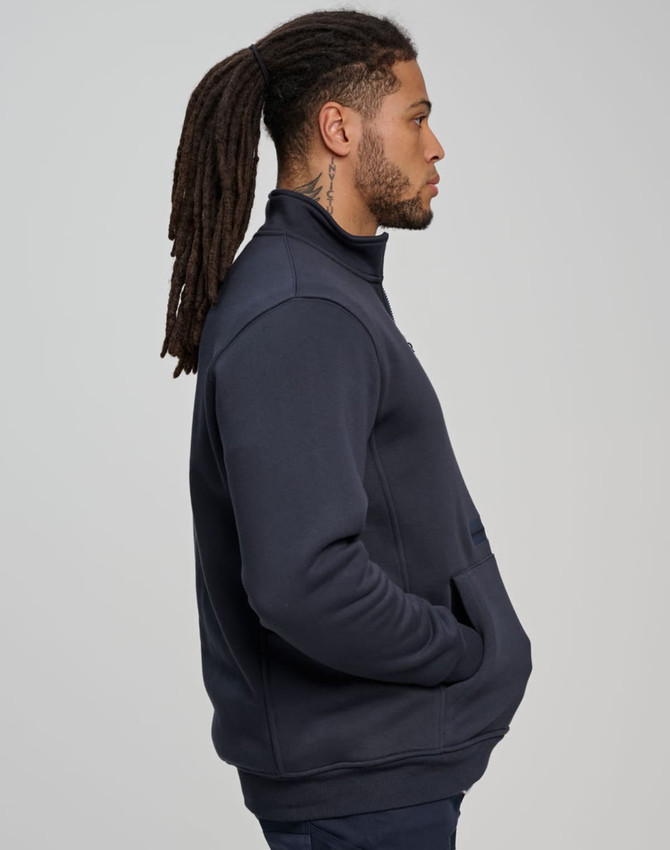 A unisex premium fleece half zip work sweat in navy blue, featuring a high collar and a side pocket.