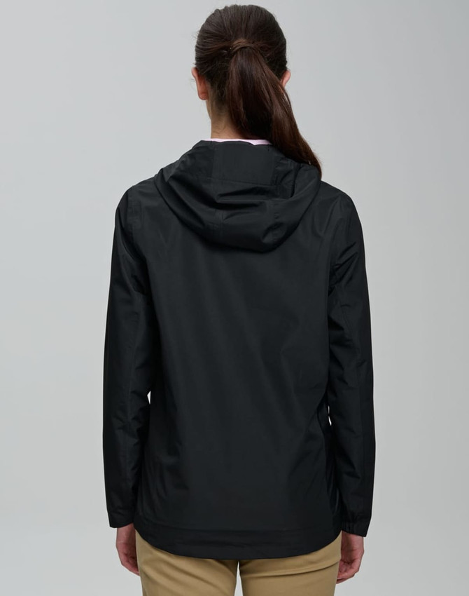 A waterproof unisex jacket in black with a hood, featuring a logo on the back.