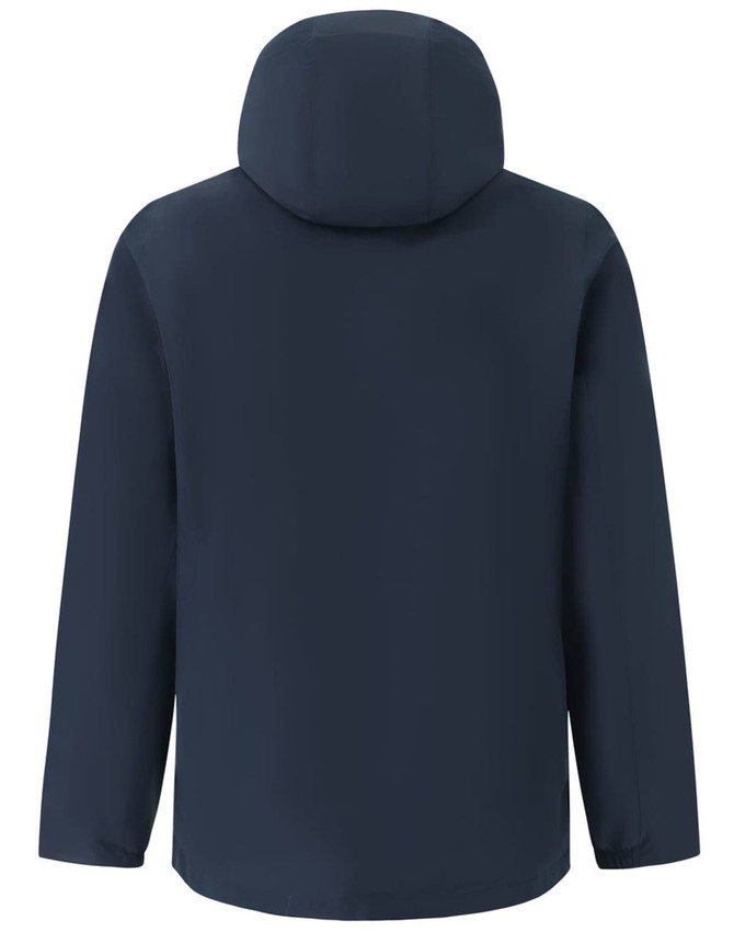 A waterproof jacket in navy blue with a hood, featuring a logo on the back.