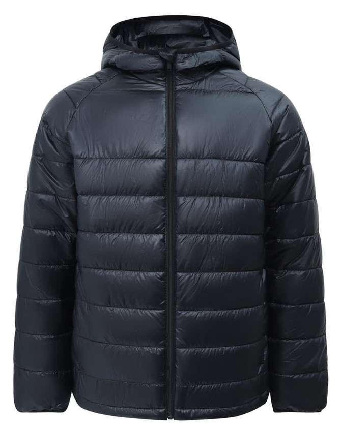 A lightweight hooded puffer jacket in navy blue with a zip front and a logo on the sleeve.