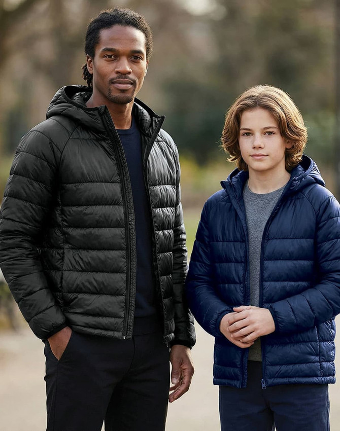Lightweight hooded puffer jackets in black and navy, worn by an adult and a child, with a natural outdoor backdrop.