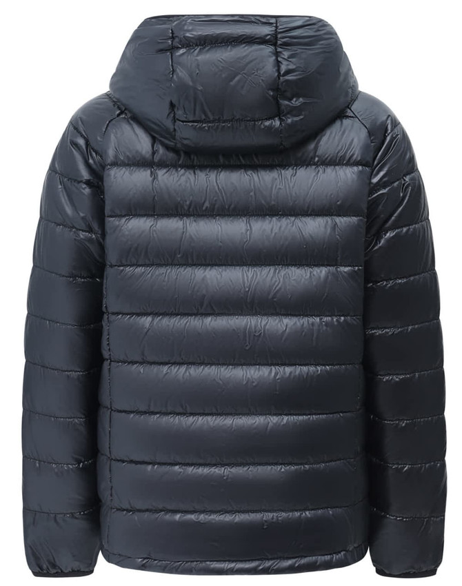 A dark navy lightweight hooded puffer jacket with a quilted design. Features a hood and is suitable for kids.