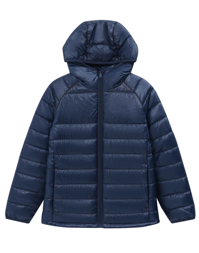 A navy blue lightweight hooded puffer jacket with quilted detailing and a zipper front. It features a logo on the sleeve.