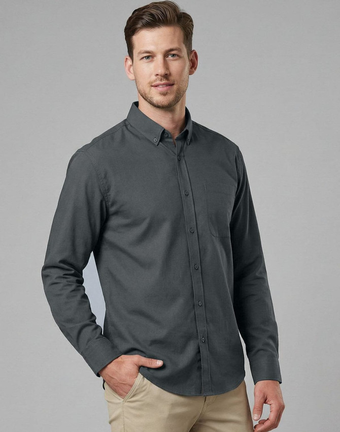 A men's long-sleeve smart casual shirt in dark grey, featuring a collar and a button-up front. It has a logo.