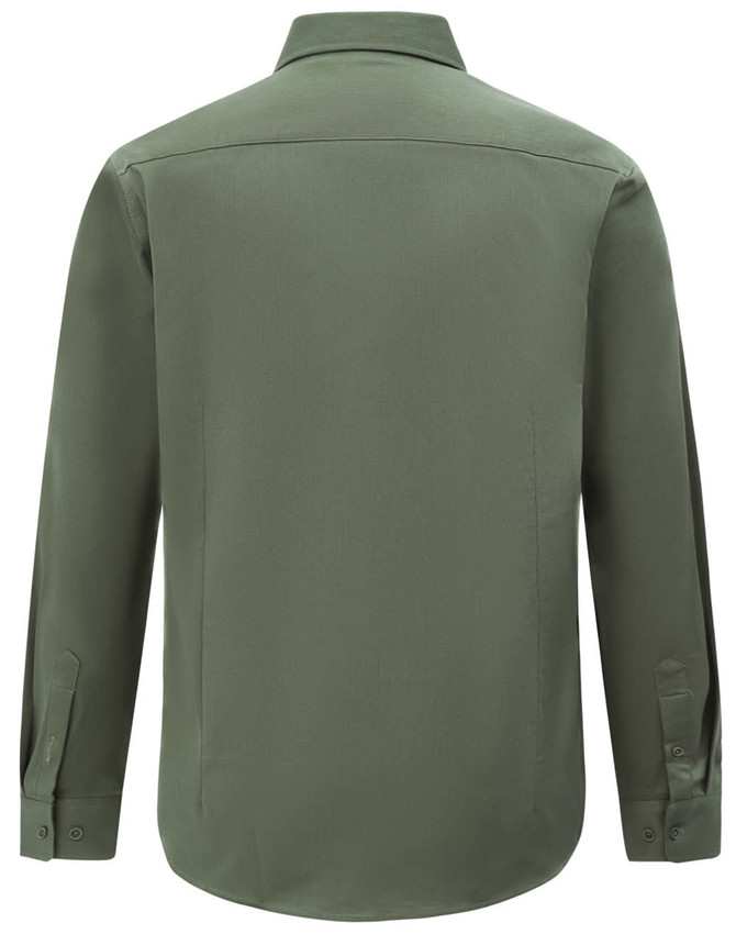 A Men's smart casual long-sleeve shirt in olive green with a collar and buttoned cuffs, featuring a logo on the back.