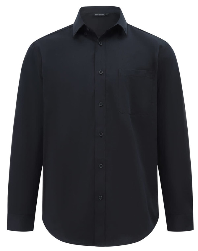 A black men's long-sleeve shirt in a cotton blend, featuring a button-down collar and a chest pocket.
