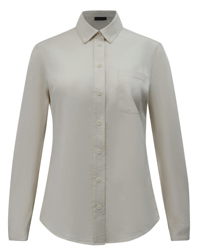 A ladies' long-sleeve shirt in a light beige cotton blend with a button-down front and a chest pocket.