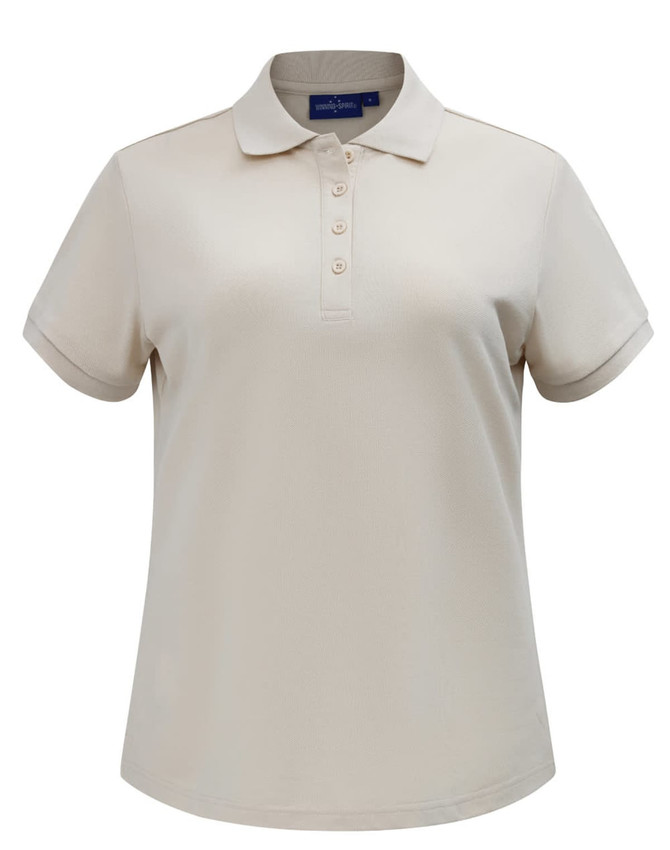 A ladies' short-sleeve polo in a light beige colour with a collar and buttons, featuring a logo.